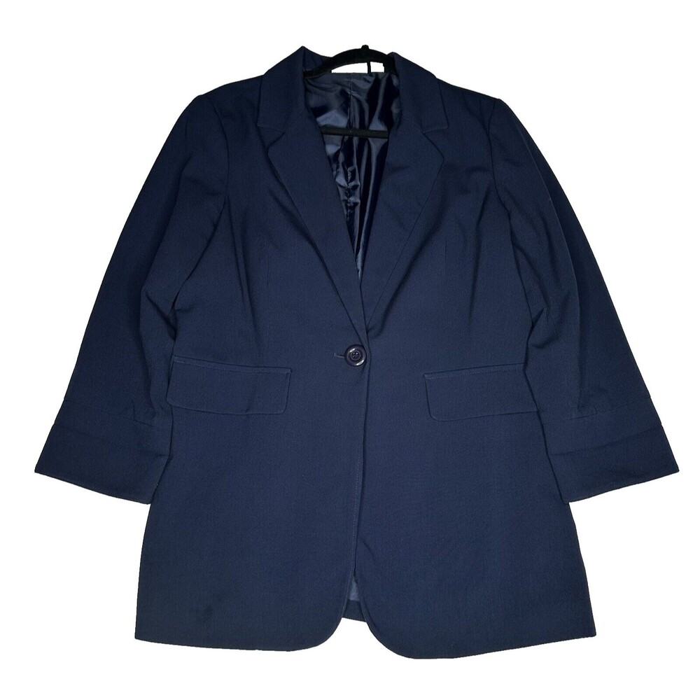 Susan Graver One Button Smart Ponte Knit Blazer Jacket Blue Work Casual Size S